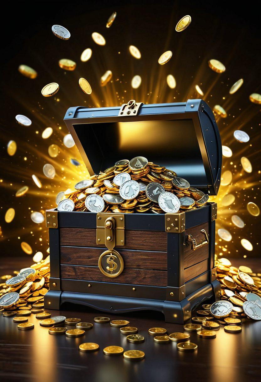 A treasure chest overflowing with golden coins and cash, surrounded by a glowing email symbol, set against a backdrop of digital screens displaying email notifications and dollar signs. The scene conveys a sense of discovery and opportunity, with a playful, inviting vibe. super-realistic. vibrant colors. 3D.