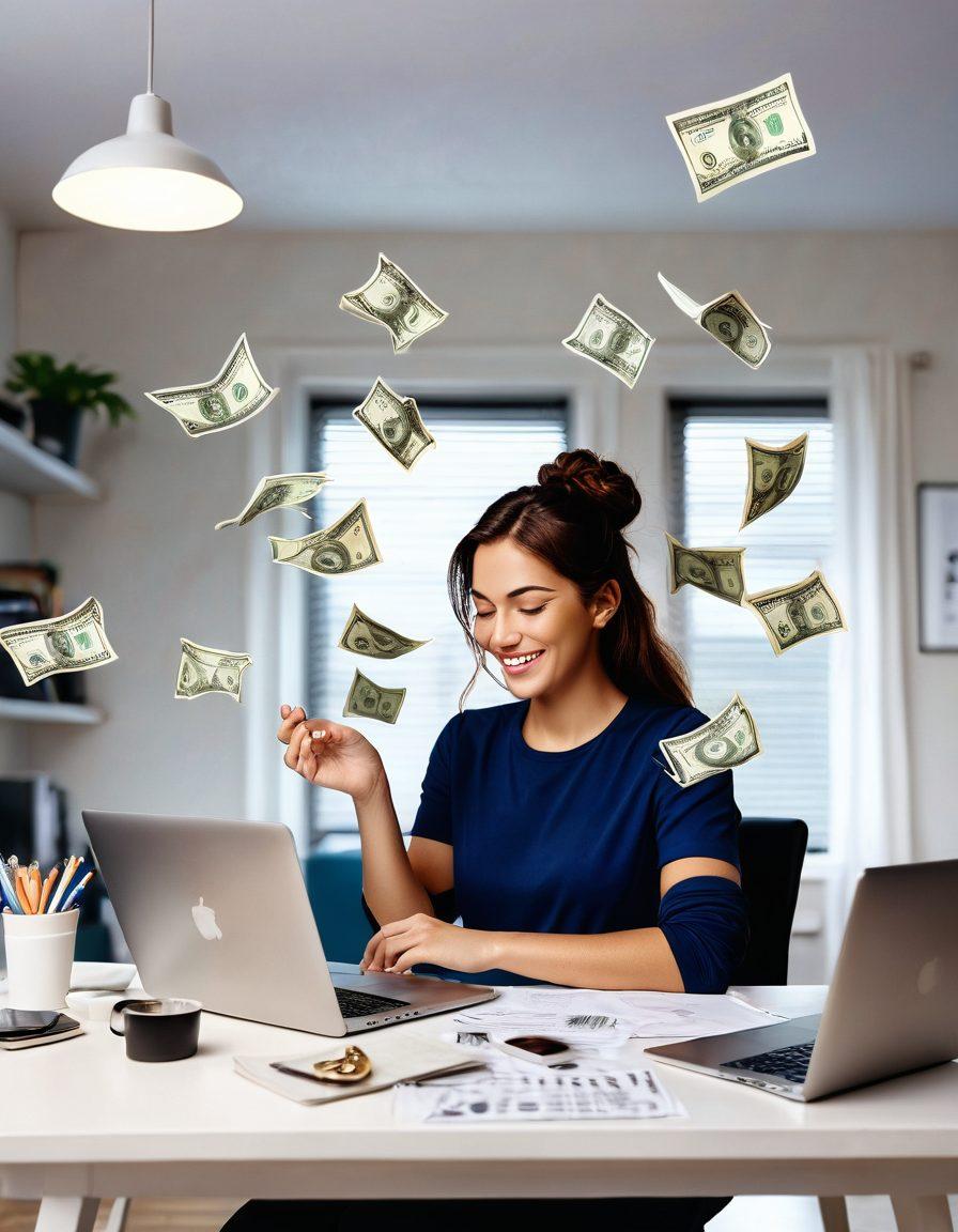 A person sitting comfortably at a desk, excitedly reading an email on their laptop, with dollar bills, coins, and email icons swirling around them. Bright colors and a light, inviting atmosphere to emphasize the idea of earning money effortlessly. Incorporate elements like a coffee cup and a notepad to reflect a productive workspace. super-realistic. vibrant colors. white background.