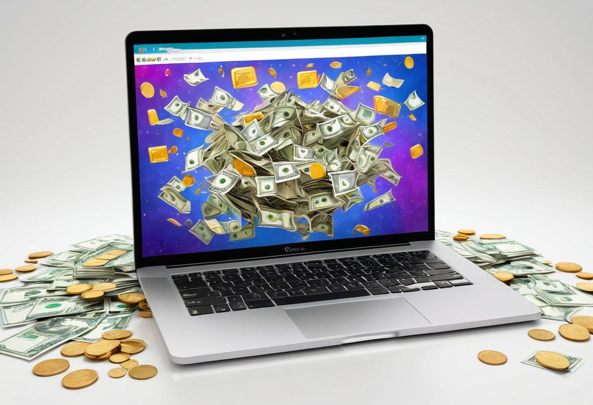 A visually striking composition featuring a vibrant email inbox overflowing with colorful dollar bills and coins, symbolizing monetization. Include an open laptop displaying various paid email service logos and expanding graphs indicating earnings growth. Surround this with eye-catching email icons and symbols of success like trophies and gold stars. The backdrop should be a bright, motivational workspace bursting with productivity. super-realistic. vibrant colors. white background.